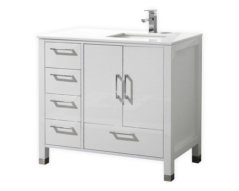 Anziano 36" High Gloss White Vanity w/ Quartz Countertop - Left Side Drawers