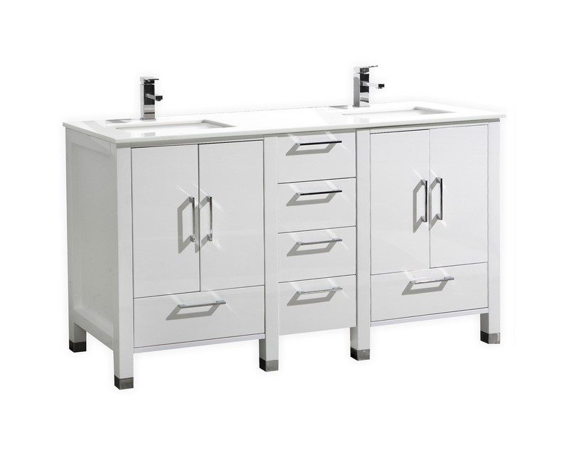 Anziano 60" High Gloss White Double Sink Vanity w/ Quartz Countertop