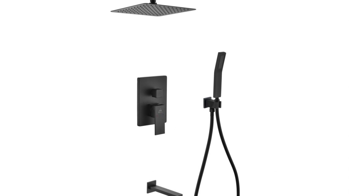 Aqua Piazza Black Shower Set w/ 8" Ceiling Mount Square Rain Shower, Handheld and Tub Filler