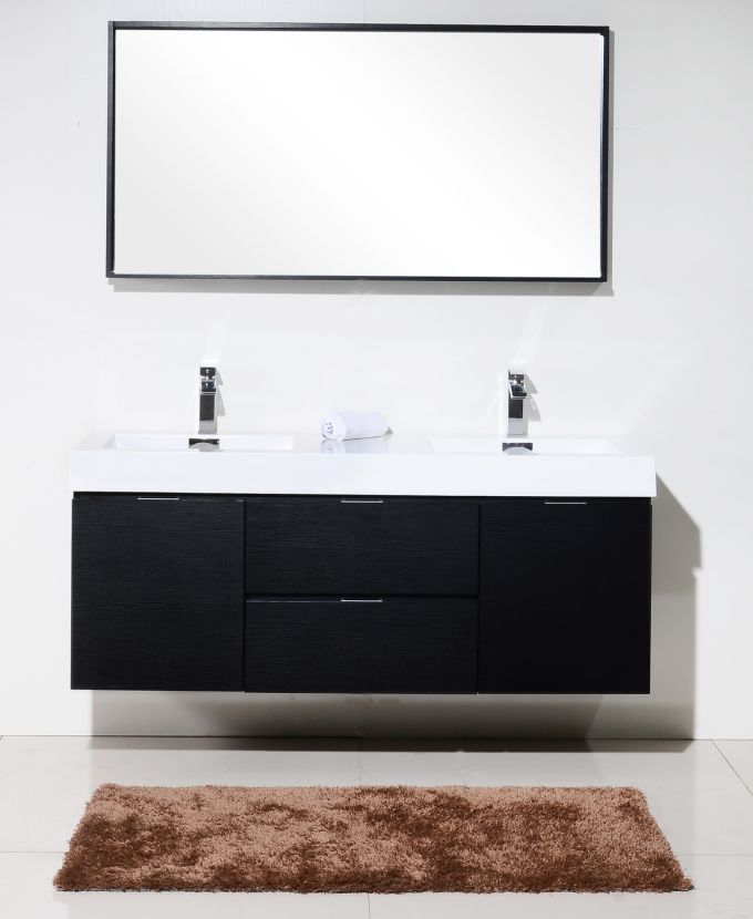 Bliss 60" Black Wall Mount Double Sink Modern Bathroom Vanity
