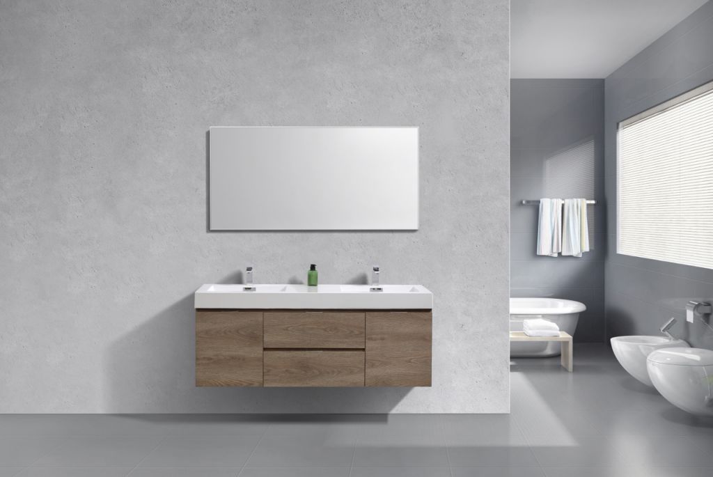 Bliss 60" Butternut Wall Mount Double Sink Modern Bathroom Vanity