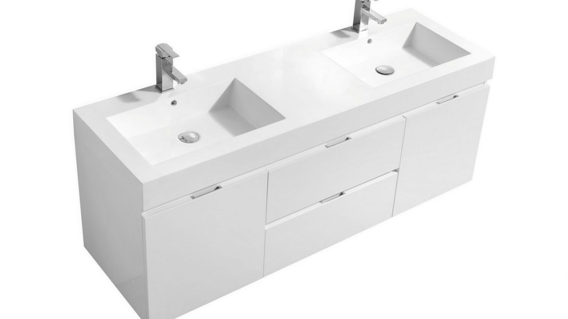 Bliss 60" High Gloss White Wall Mount Double Sink Modern Bathroom Vanity