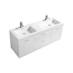 Bliss 60" High Gloss White Wall Mount Double Sink Modern Bathroom Vanity