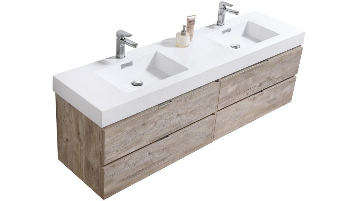 Bliss 72" Nature Wood Wall Mount Double Sink Modern Bathroom Vanity