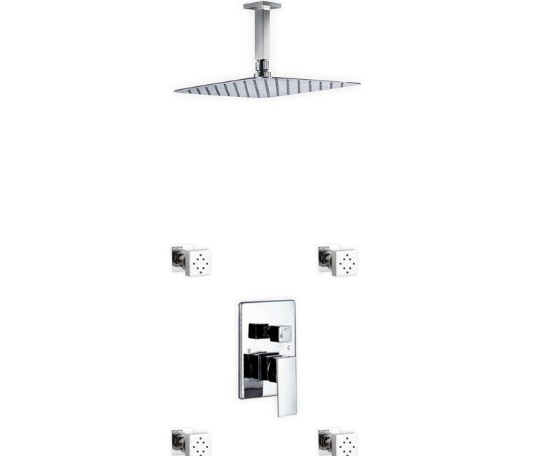 Aqua Piazza Brass Shower Set w/ 12" Ceiling Mount Square Rain Shower and 4 Body Jets