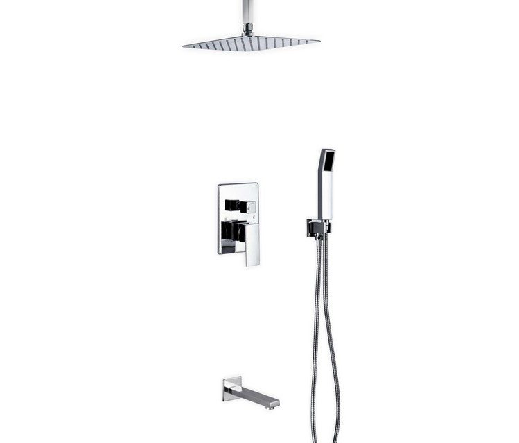 Aqua Piazza Shower Set w/ 12" Ceiling Mount Square Rain Shower, Handheld and Tub Filler