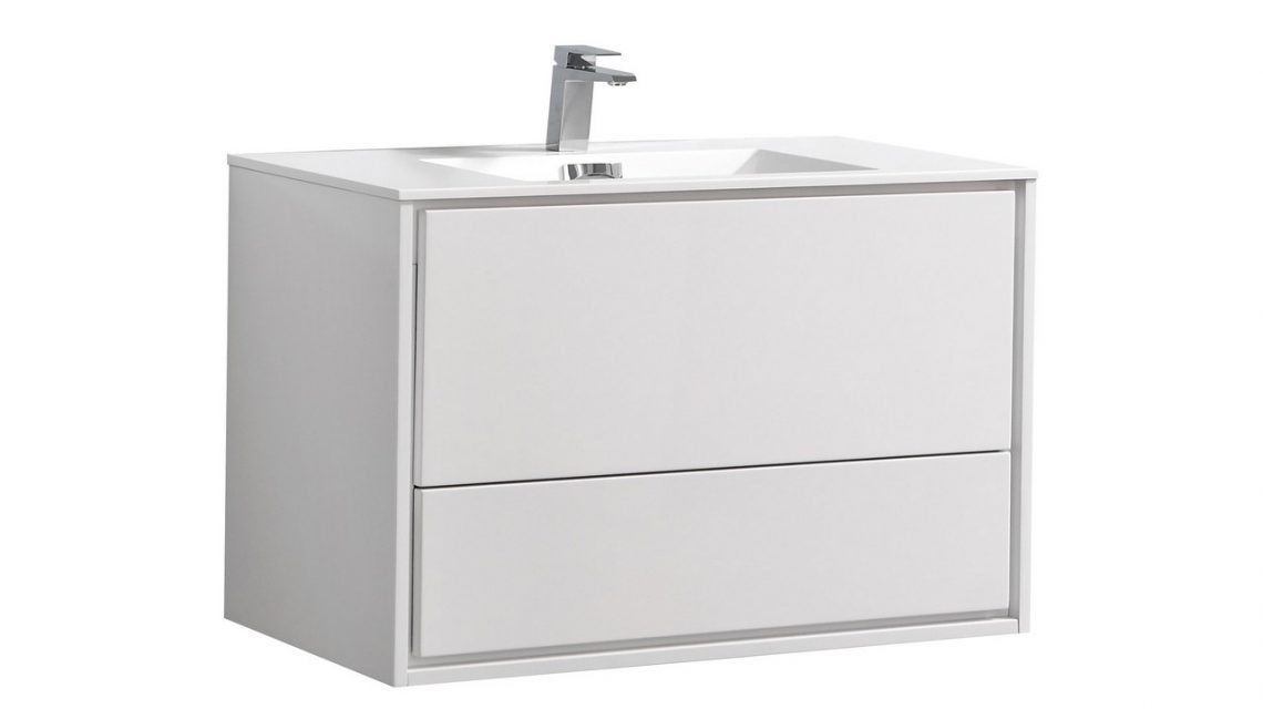 De Lusso 36" High Glossy White Wall Mount Modern Bathroom Vanity