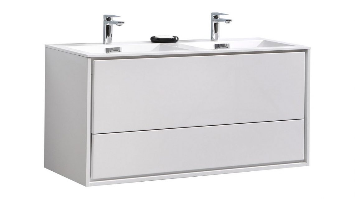 De Lusso 48" Double Sink High Glossy White Wall Mount Modern Bathroom Vanity