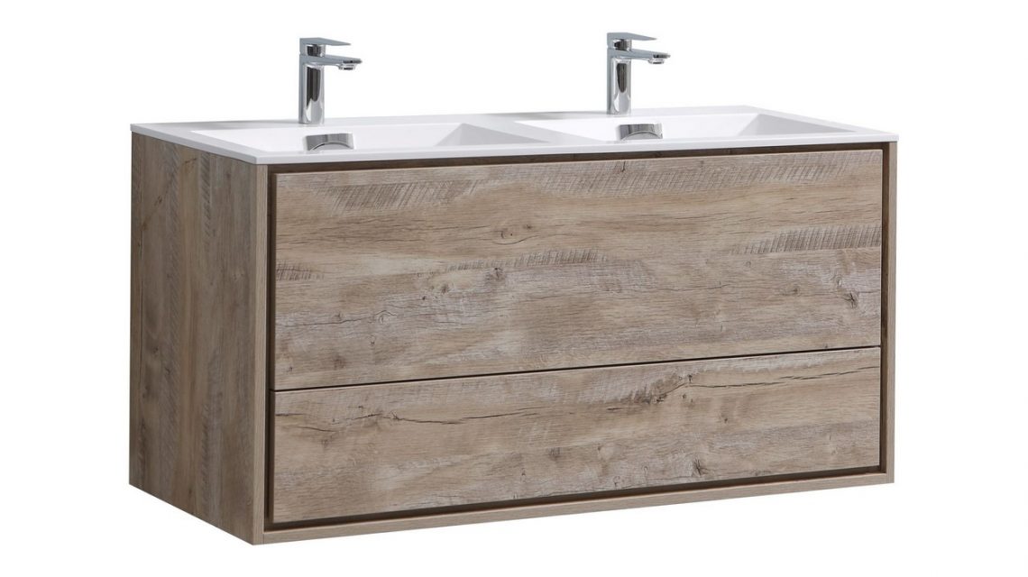 De Lusso 48" Double Sink Nature Wood Wall Mount Modern Bathroom Vanity