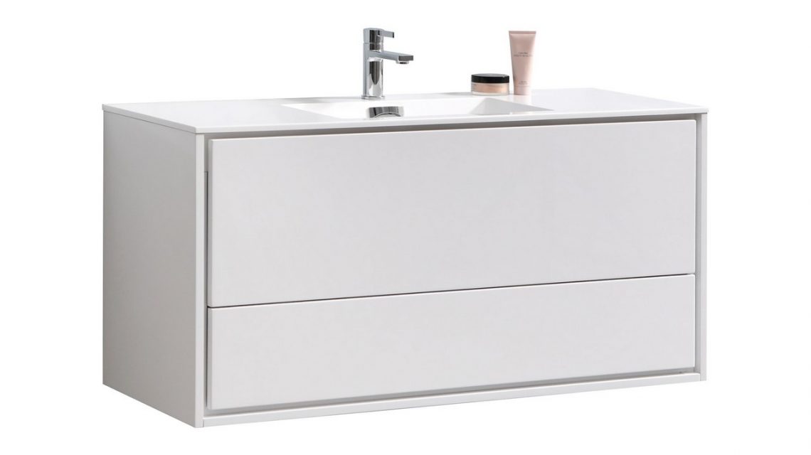 De Lusso 48" Single Sink High Glossy White Wall Mount Modern Bathroom Vanity