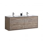 De Lusso 60" Double Sink Nature Wood Wall Mount Modern Bathroom Vanity