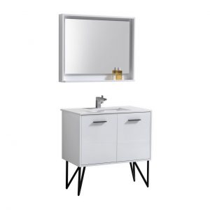 Bosco 36" High Gloss White Modern Bathroom Vanity w/ Quartz Countertop and Matching Mirror